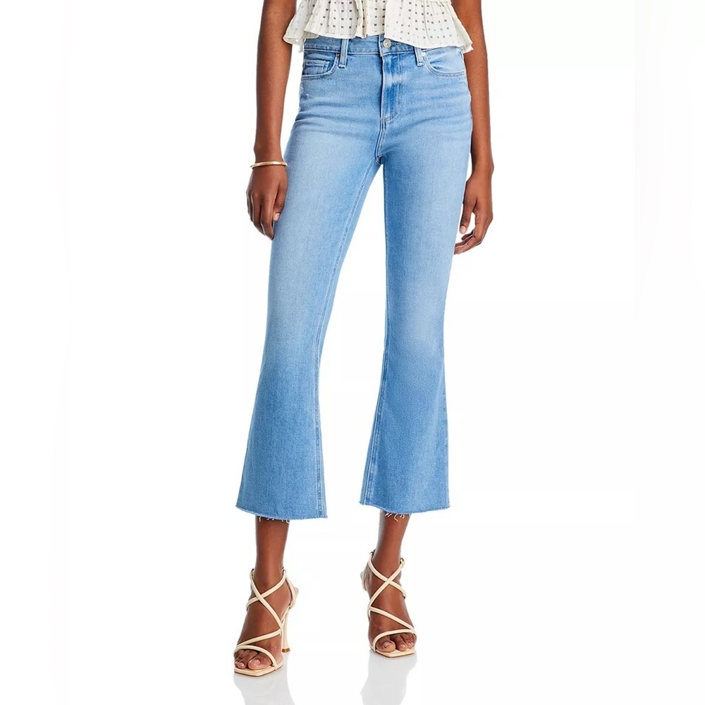 PAIGE Colette Anthropologie Blue Mid-Rise Raw Hem Denim Capri Jeans, Size 28 - Picture 2 of 14